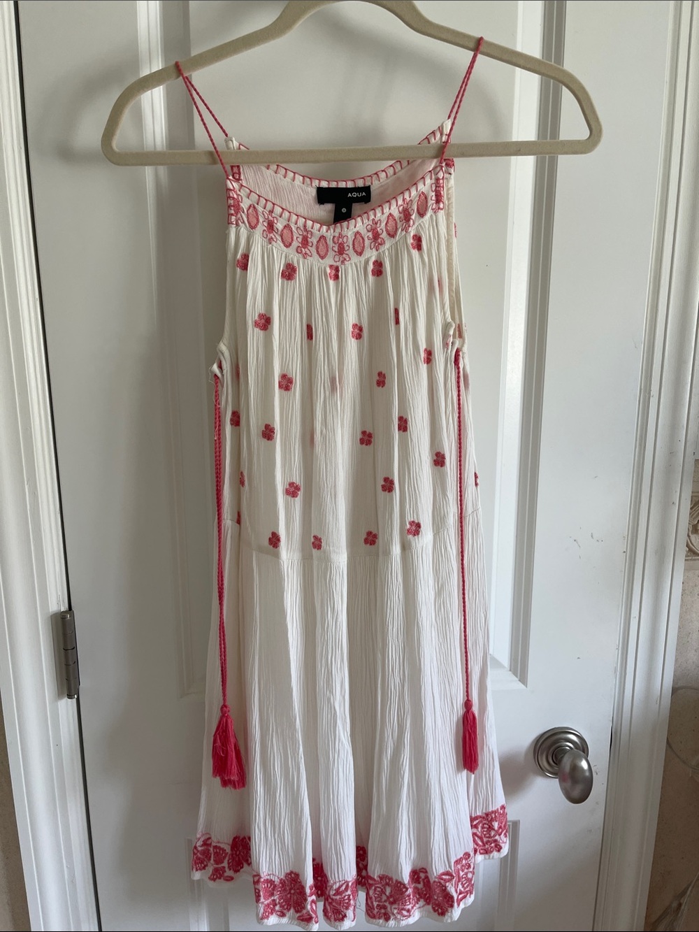 Aqua White Mini Dress with Pink Embroidery